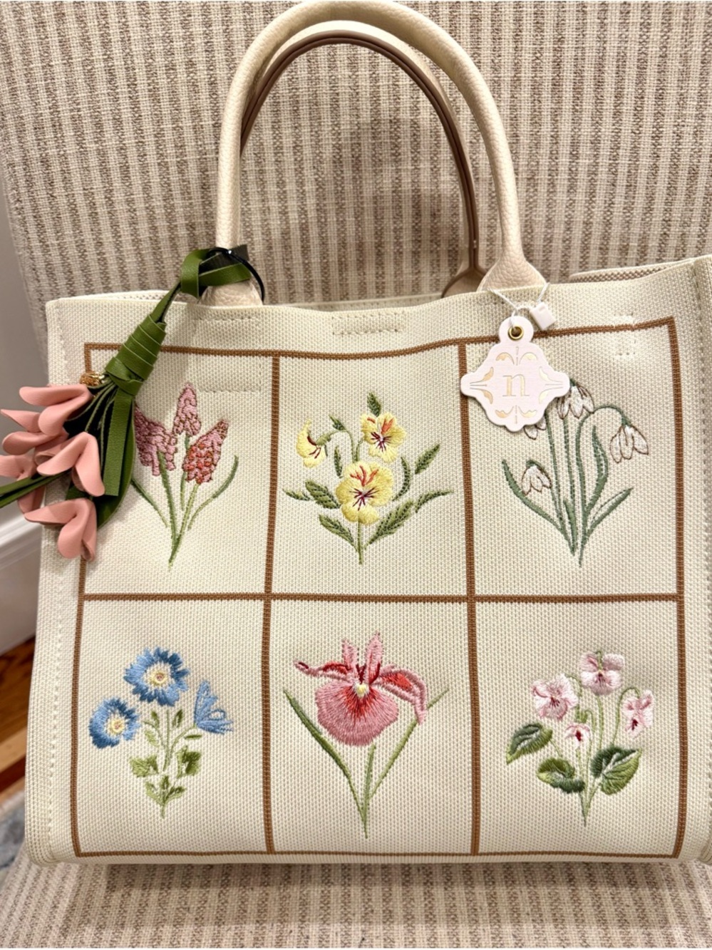 Nanette Lepore Cream Floral Grid Tote with Pink Charm